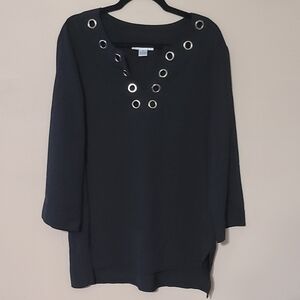 August Silk Black Blouse with Grommet Accents XL